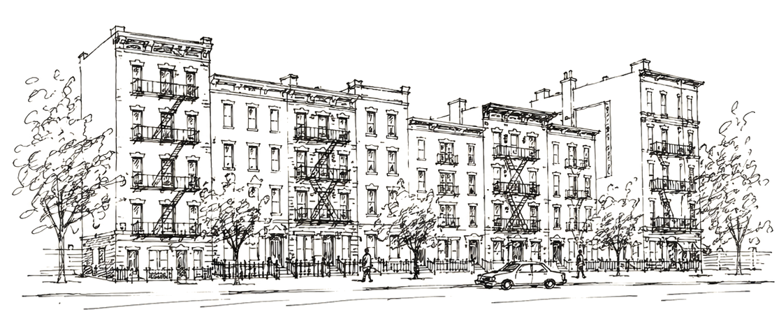 Pen-and-ink illustration of New York multifamily apartment buildings